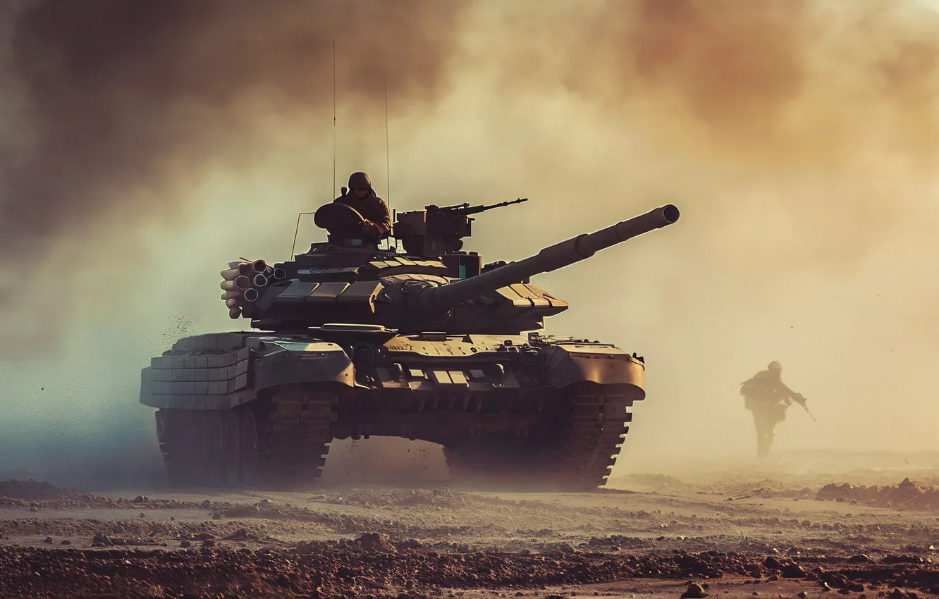 Photo wallpaper dust, soldiers, tank, digital art, AI art, The Art of Artificial Intelligence, neural network