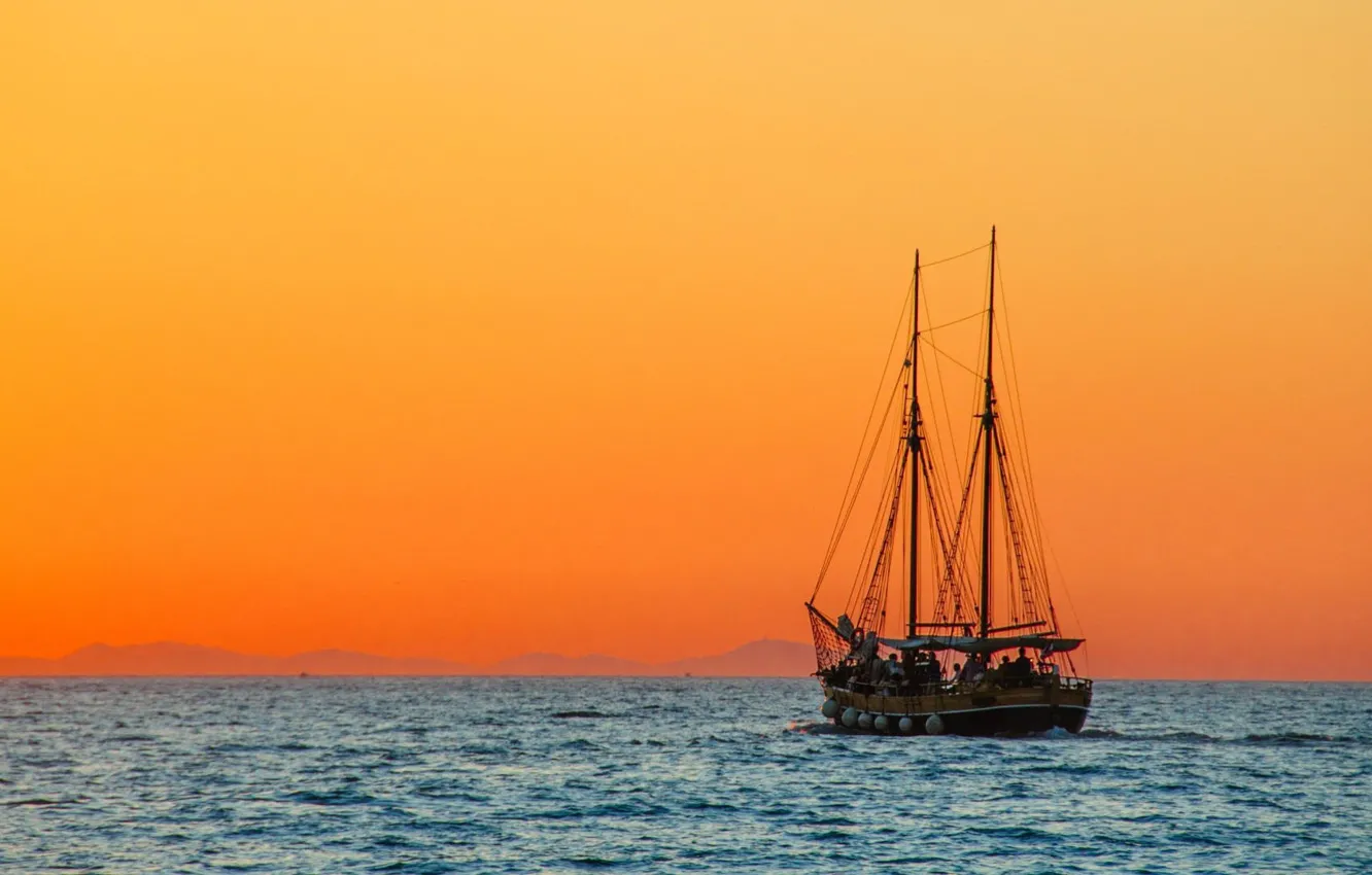 Photo wallpaper morning, ship, fog, swimming, coast, sailboat