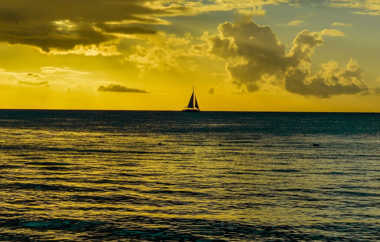 Photo wallpaper the sky, sunset, clouds, the ocean, the evening, yacht, sails, a ship on the horizon