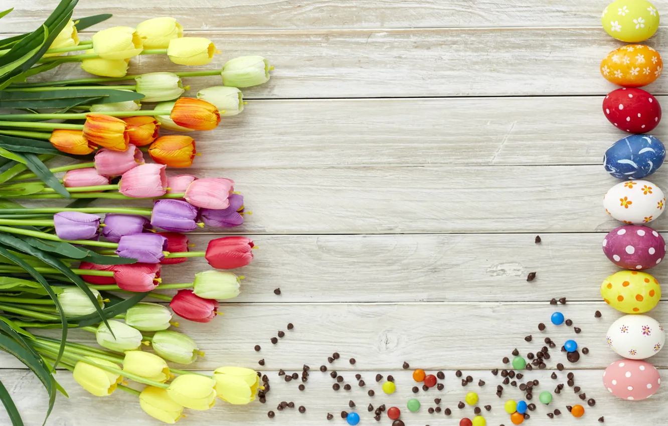 Photo wallpaper flowers, eggs, spring, colorful, Easter, tulips, wood, flowers