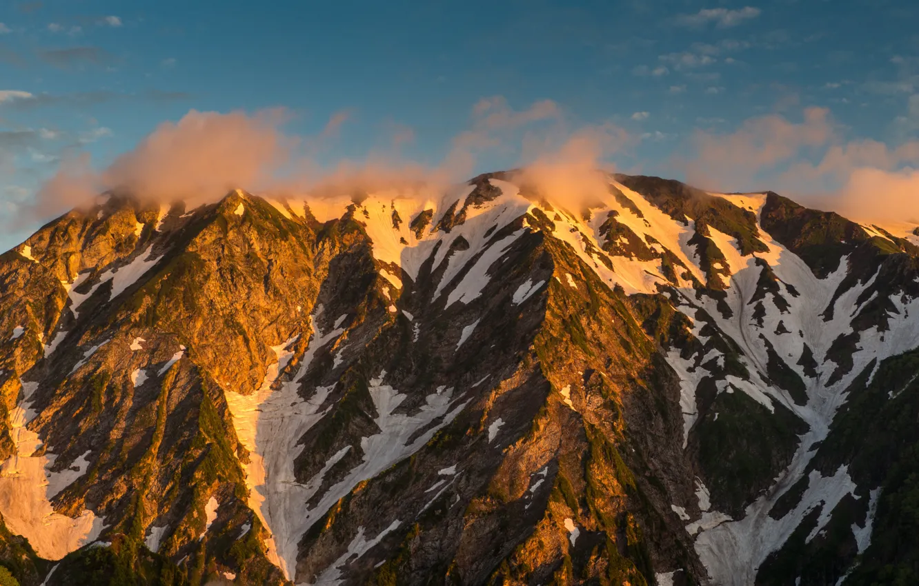 Photo wallpaper the sky, clouds, mountains, Japan, turquoise, Nagano Prefecture, The Japanese Alps