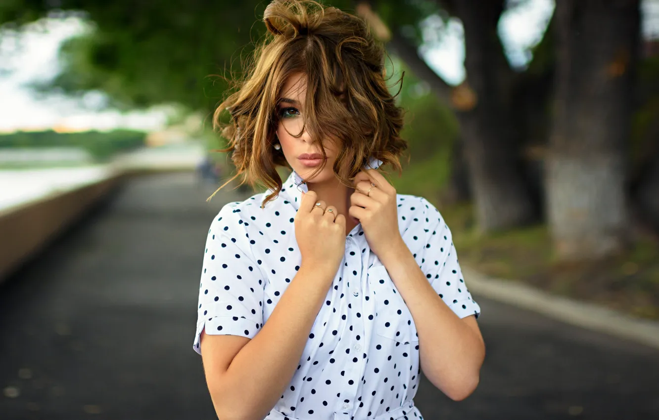 Photo wallpaper look, girl, makeup, dress, brown hair, alley, Alexander Pavlyuk