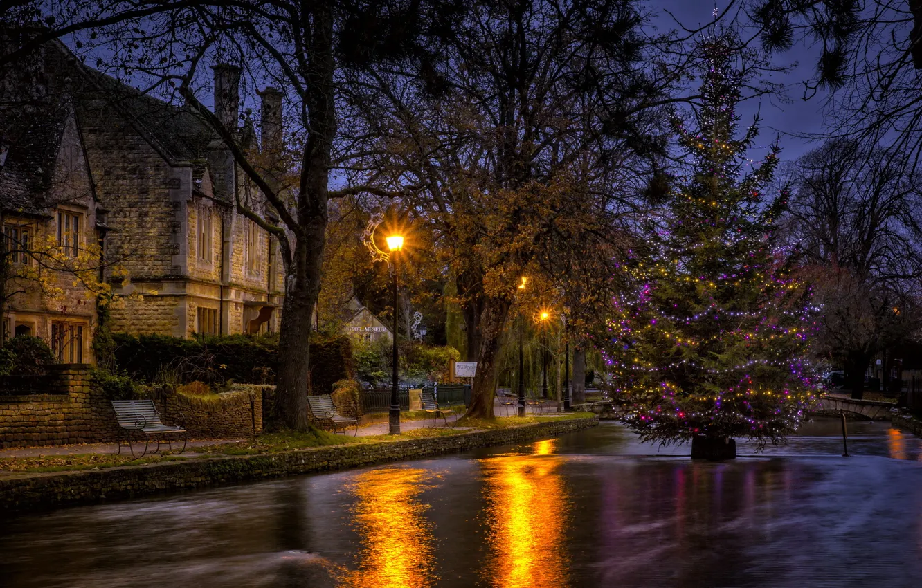 Photo wallpaper Water, night, Christmas tree, Bourton