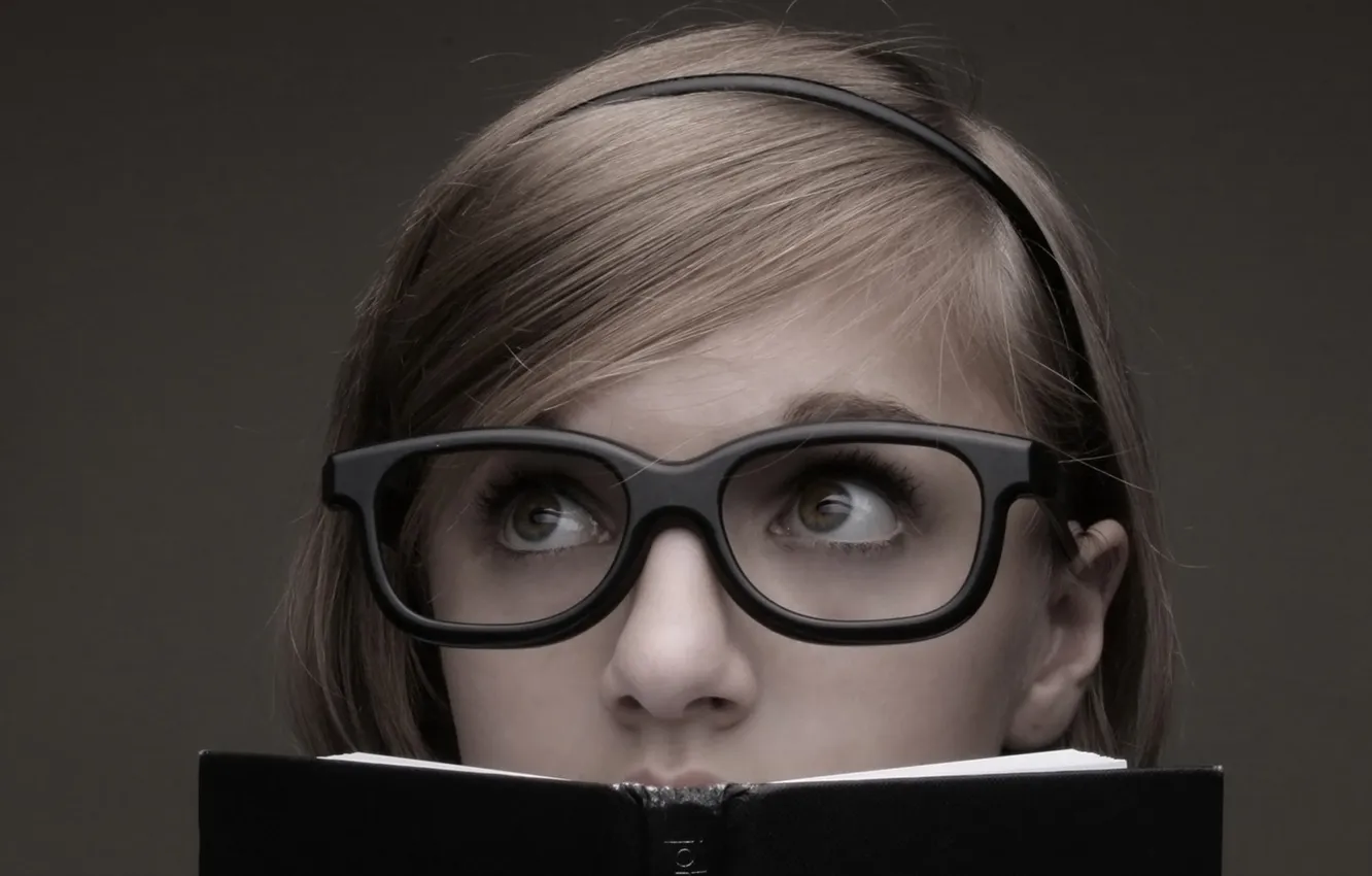 Photo wallpaper eyes, girl, head, glasses, book