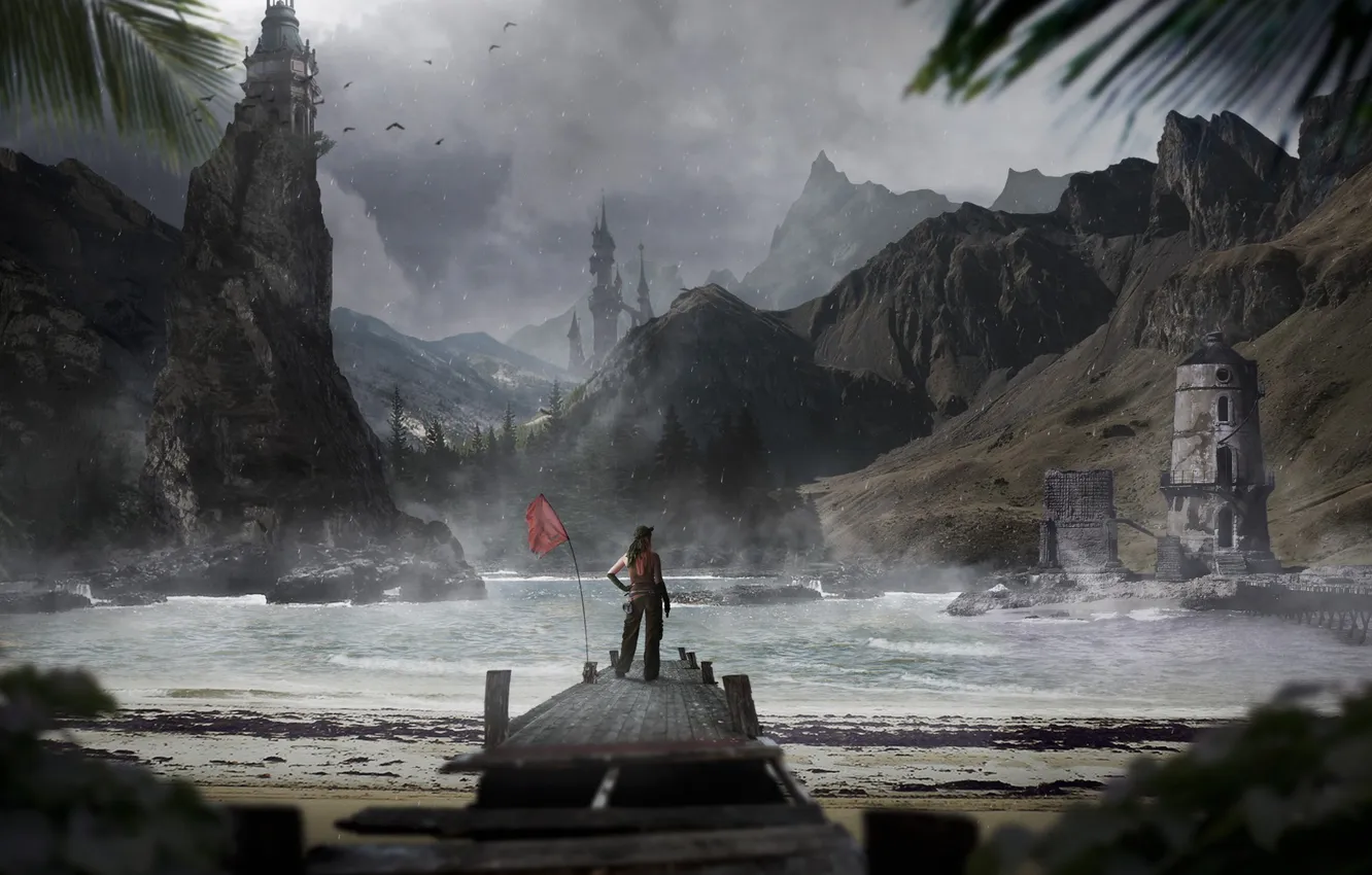 Photo wallpaper girl, mountains, lake, castle, tower, pier, flag, pierce