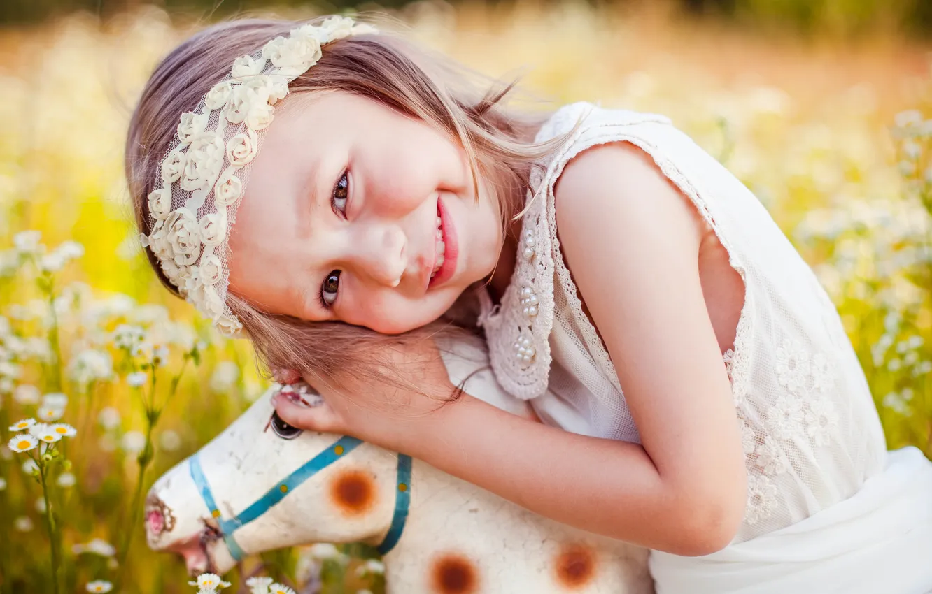 Photo wallpaper field, grass, nature, children, toy, girl, horse
