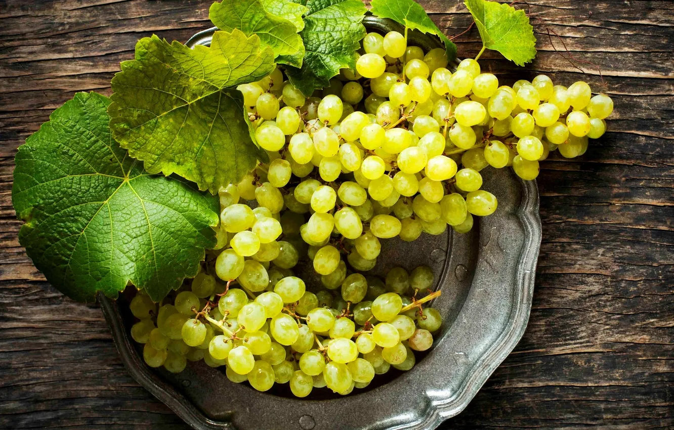 Photo wallpaper white, leaves, berries, plate, grapes, bunch