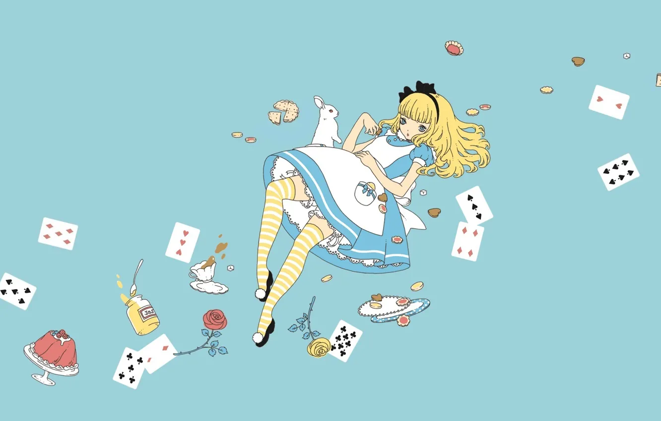 Photo wallpaper sweets, Alice in Wonderland, Alice in Wonderland, blue background, Alice, weightlessness, apron, striped stockings