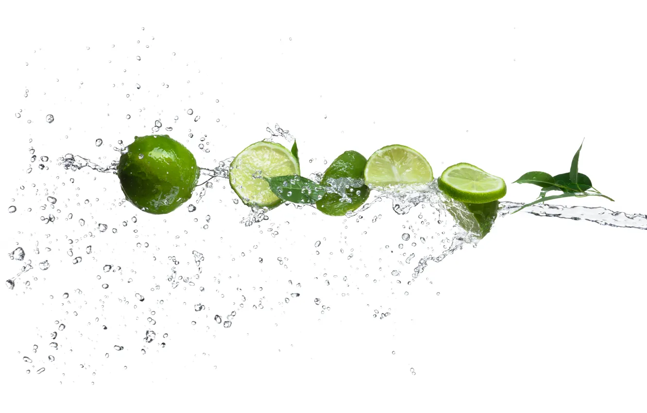 Photo wallpaper water, drops, squirt, lime, citrus, slices