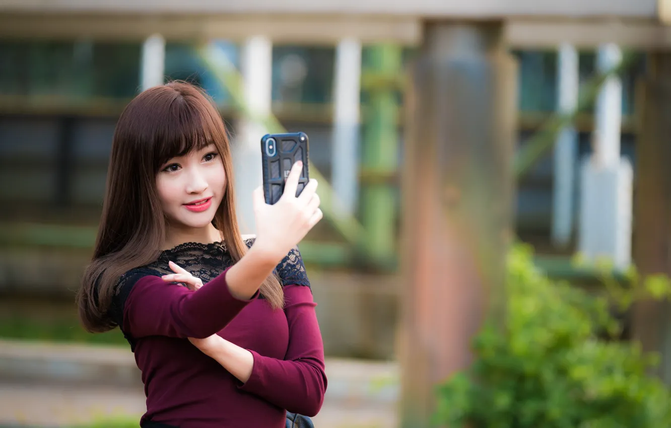 Photo wallpaper girl, Asian, cutie, bokeh, selfie
