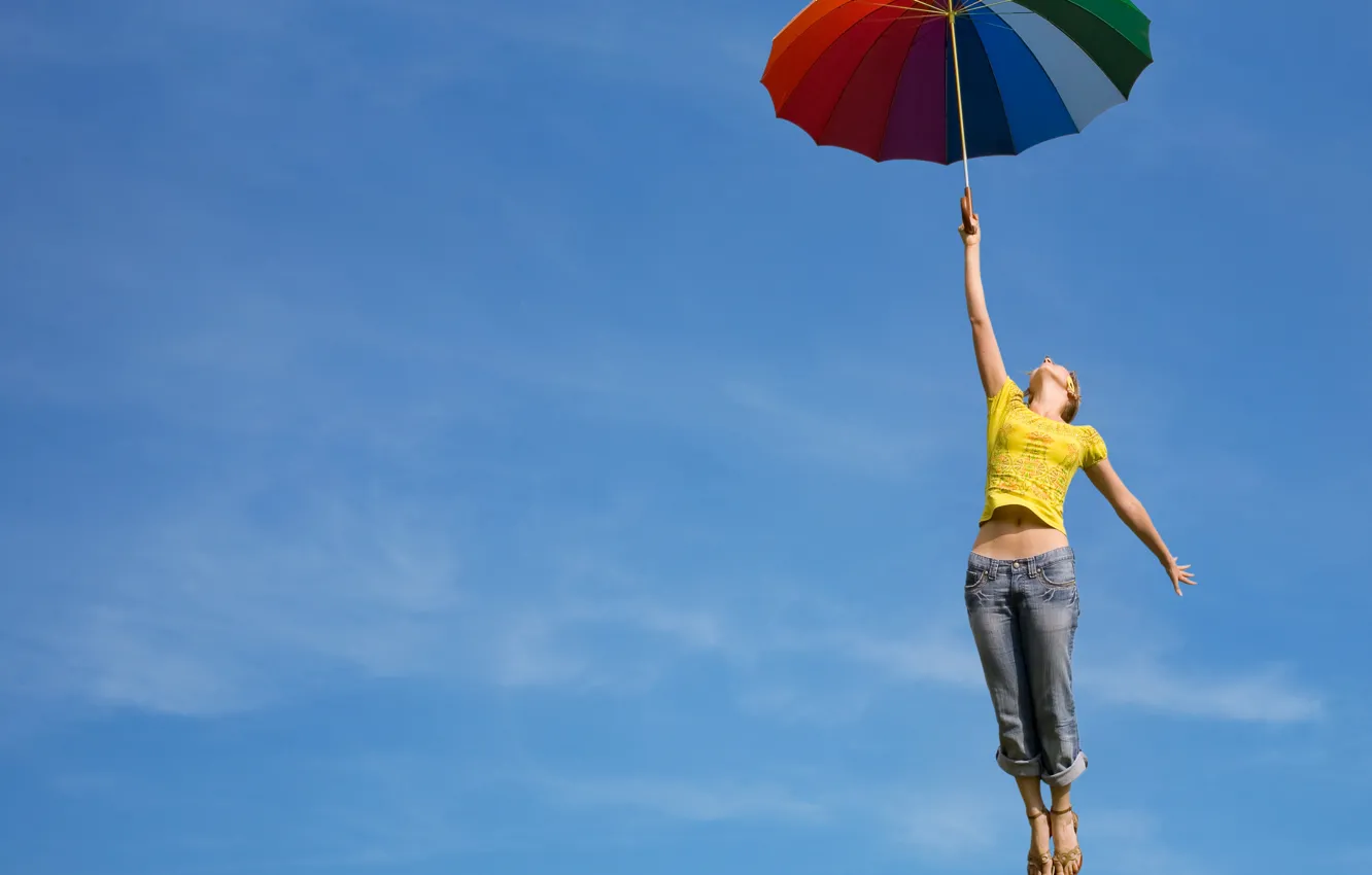 Photo wallpaper the sky, girl, flight, bright, umbrella