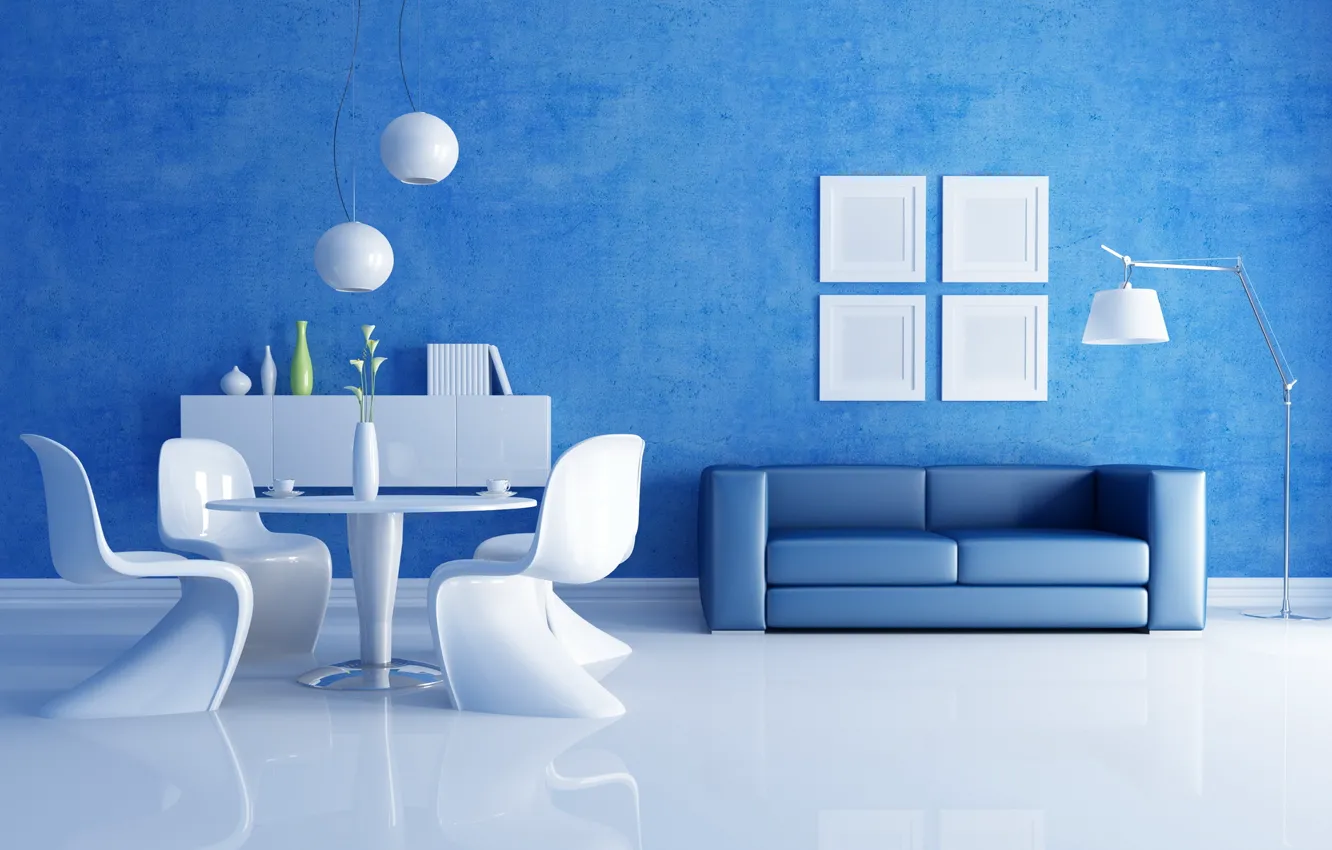Photo wallpaper blue, table, room, sofa, chairs, interior, vases