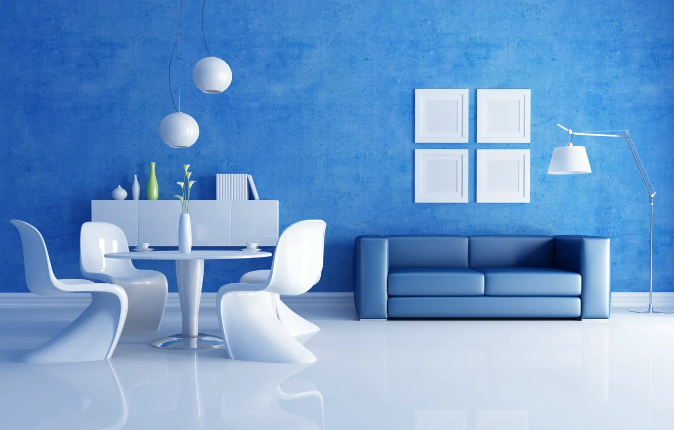 Photo wallpaper blue, table, room, sofa, interior, chair, vase