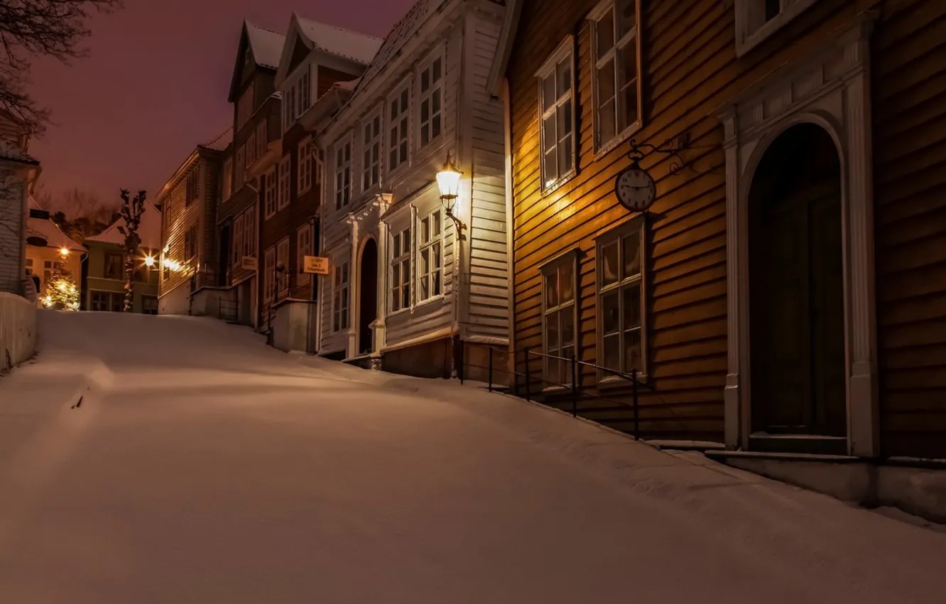 Photo wallpaper winter, road, the sky, snow, city, the city, lights, lights