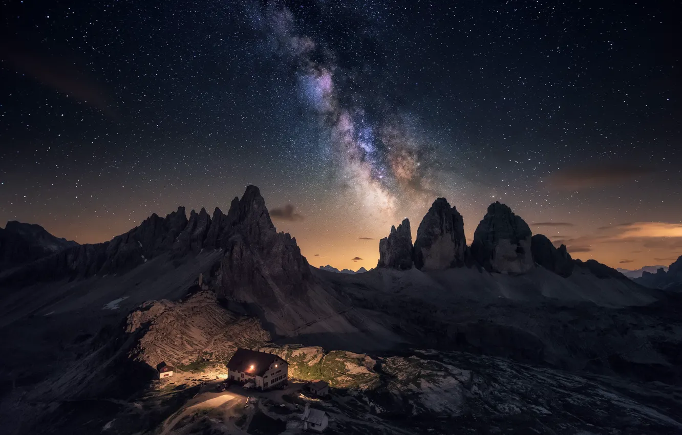 Photo wallpaper the sky, stars, night, house, rocks, Italy, Italy, Carlos F Turienzo