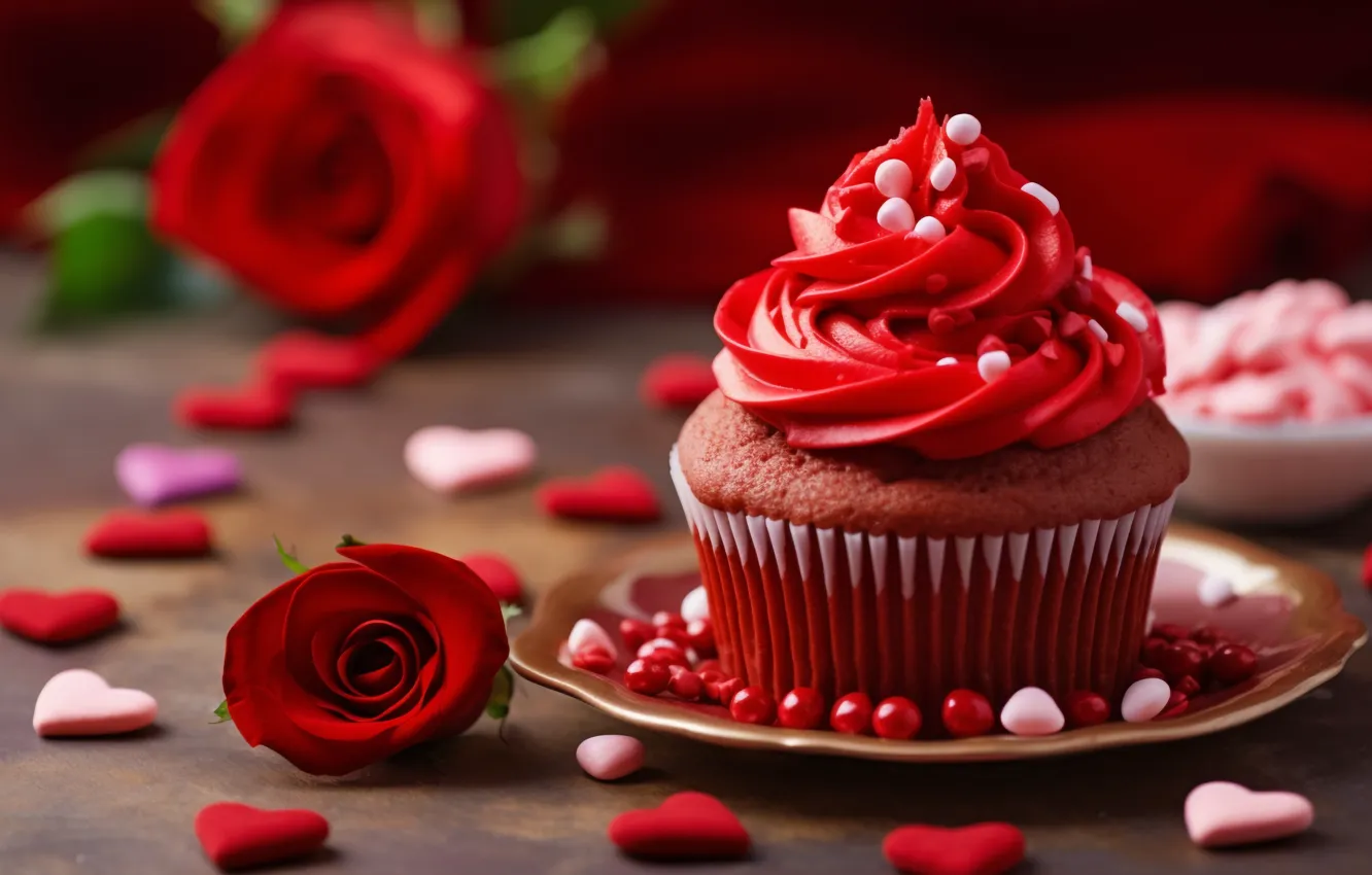 Photo wallpaper roses, hearts, cream, dessert, cupcakes