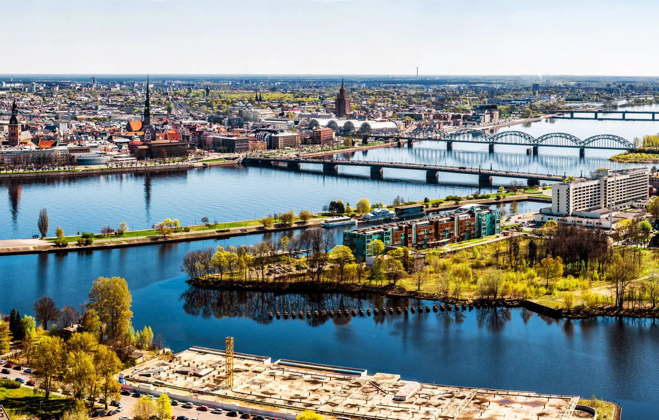 Photo wallpaper landscape, river, home, panorama, bridges, Riga, Latvia