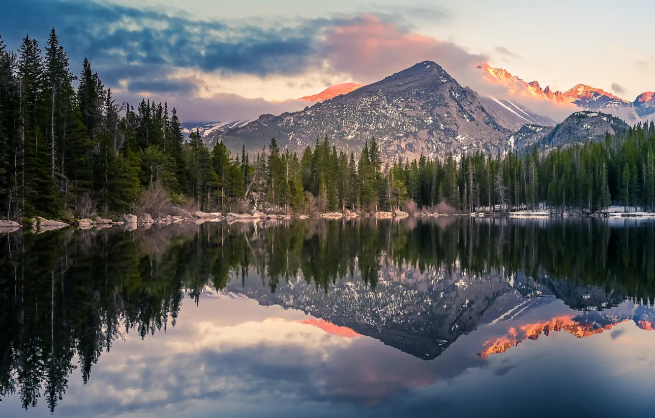 Photo wallpaper forest, the sky, mountains, lake, reflection
