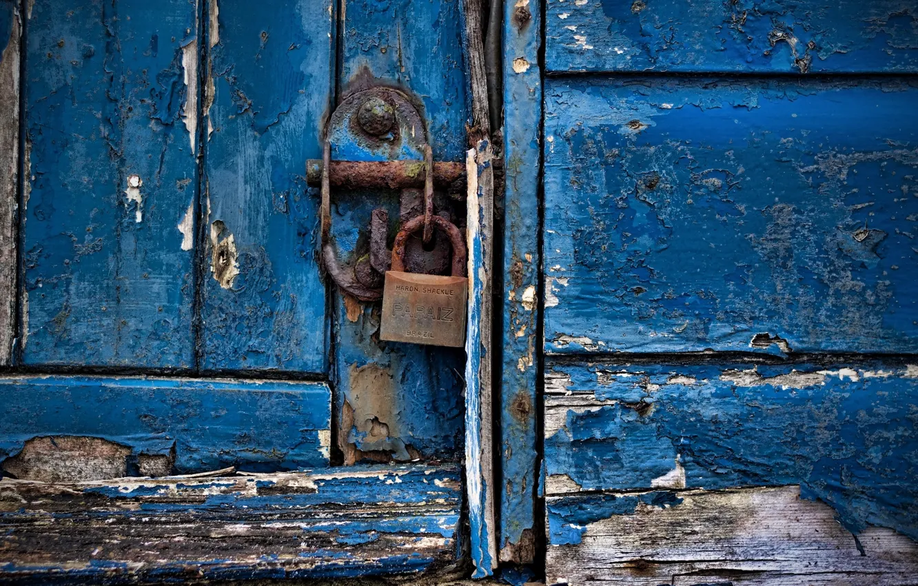 Photo wallpaper wood, door, padlock, blue paint
