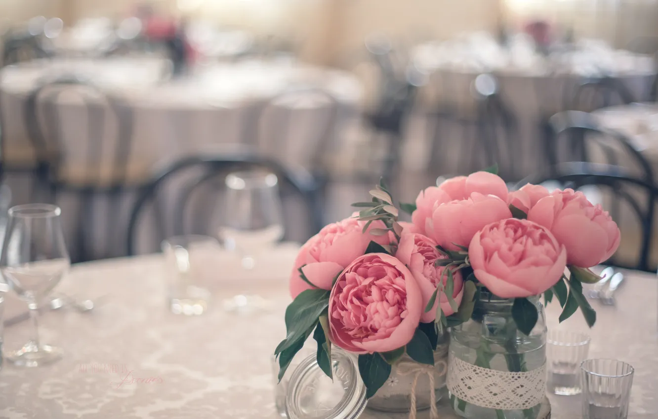 Photo wallpaper glass, chairs, bouquet, cafe, Bank, dishes, restaurant, pink