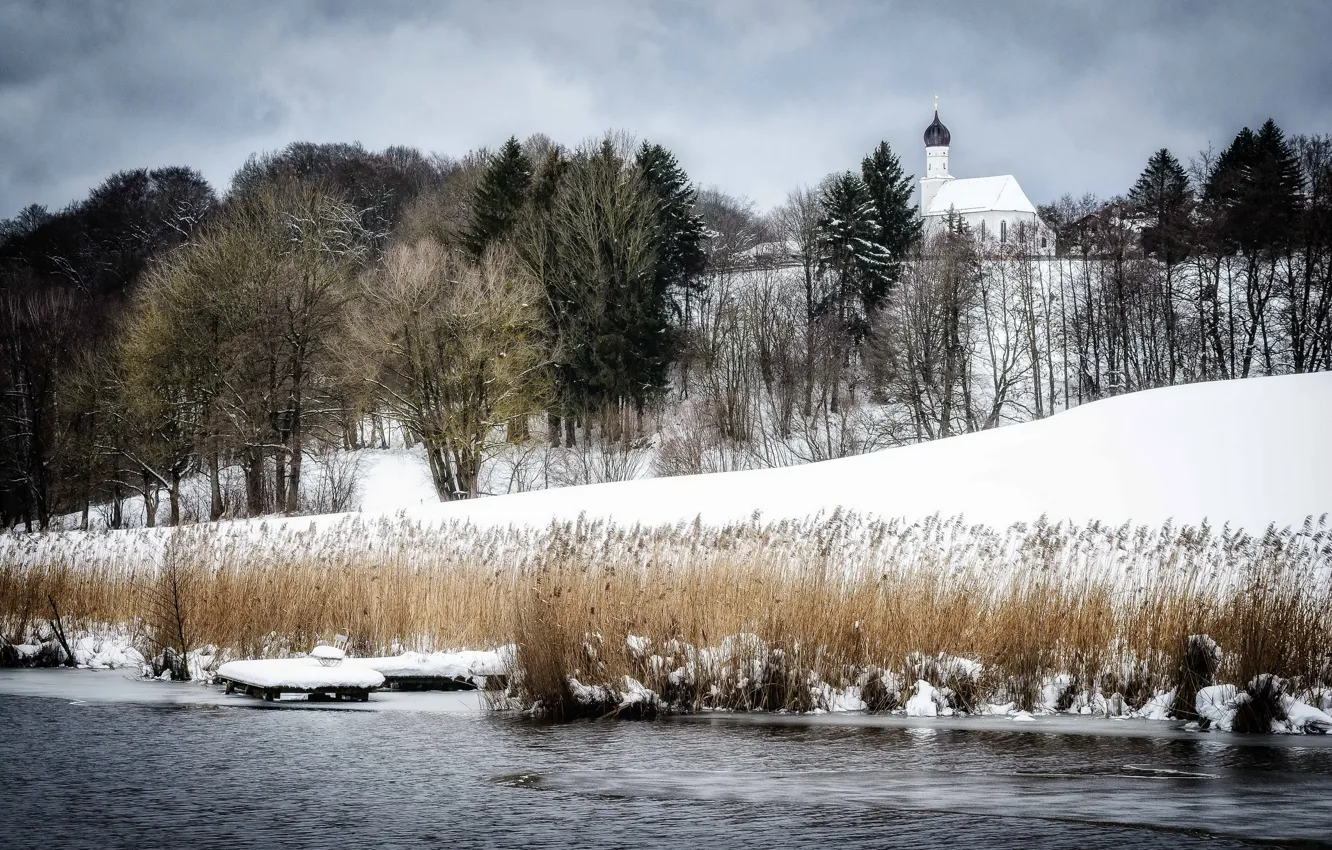 Photo wallpaper winter, river, temple