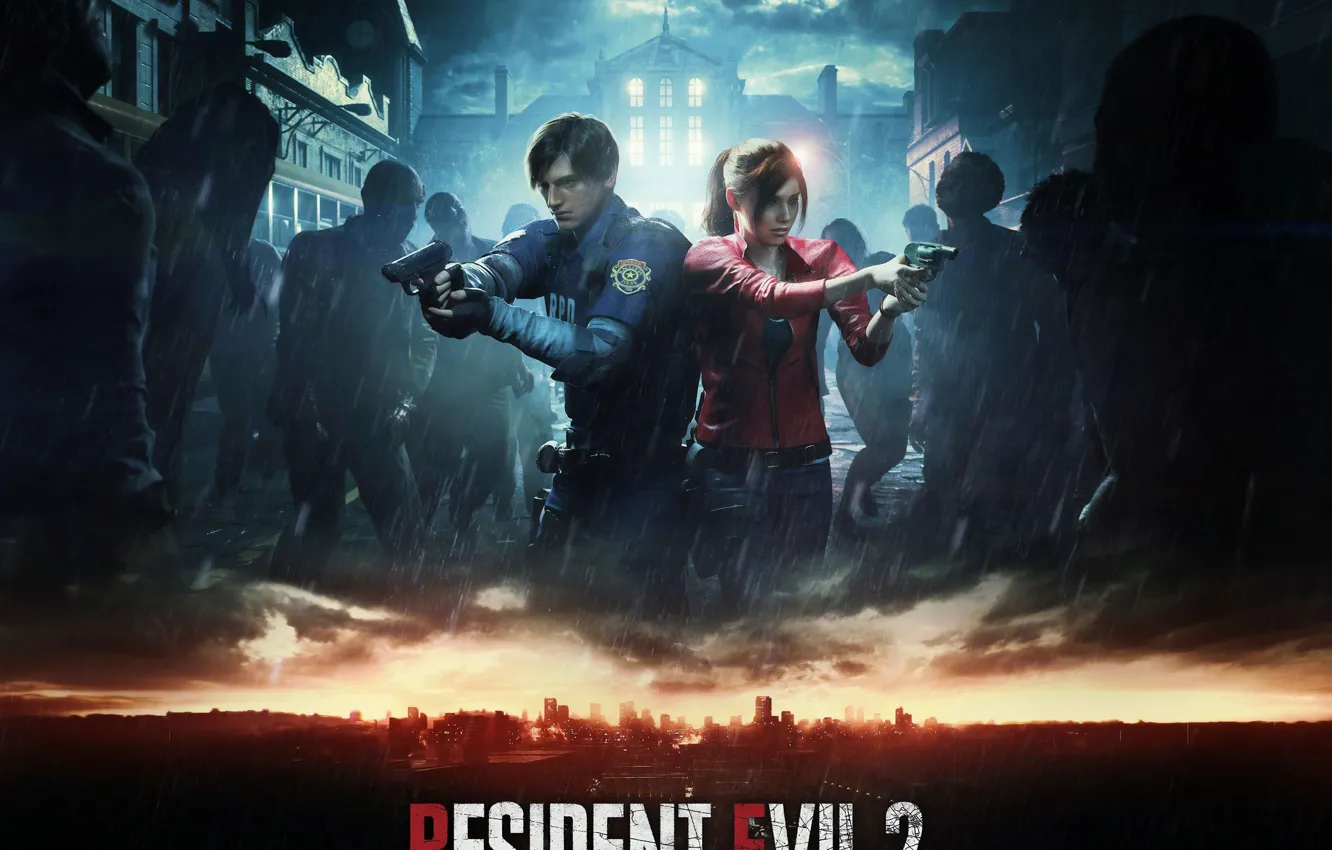 Photo wallpaper weapons, zombies, game, Capcom, Leon Kennedy, Raccoon City, Claire Redfied, Resident Evil 2 (2019)