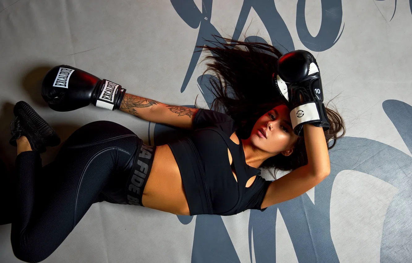 Photo wallpaper girl, pose, figure, tattoo, fitness, Boxing gloves, Sergey Bogatkov, Diana Stiroy