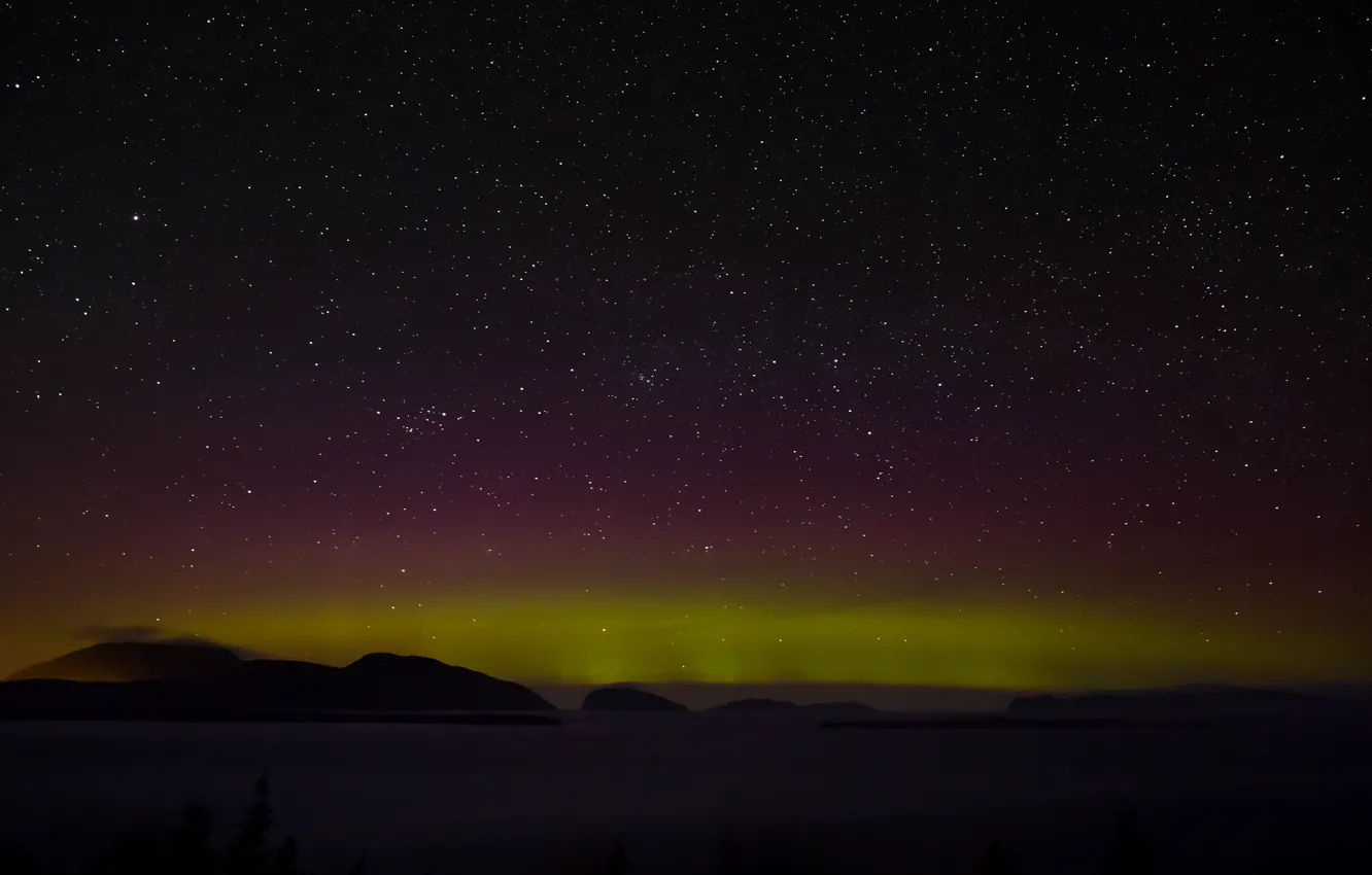 Photo wallpaper space, stars, clouds, mountains, hills, Northern lights, secrets