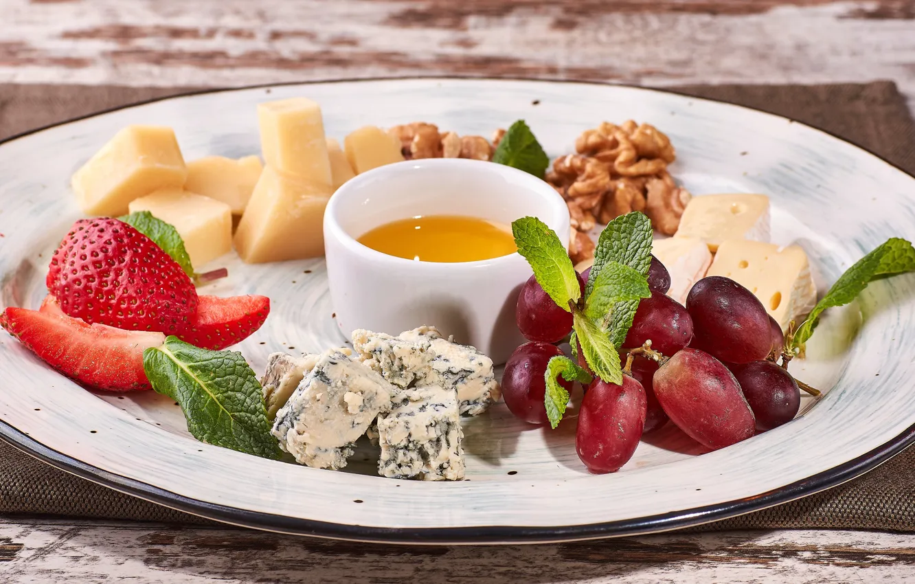 Photo wallpaper cheese, strawberry, honey, grapes, nuts, cuts