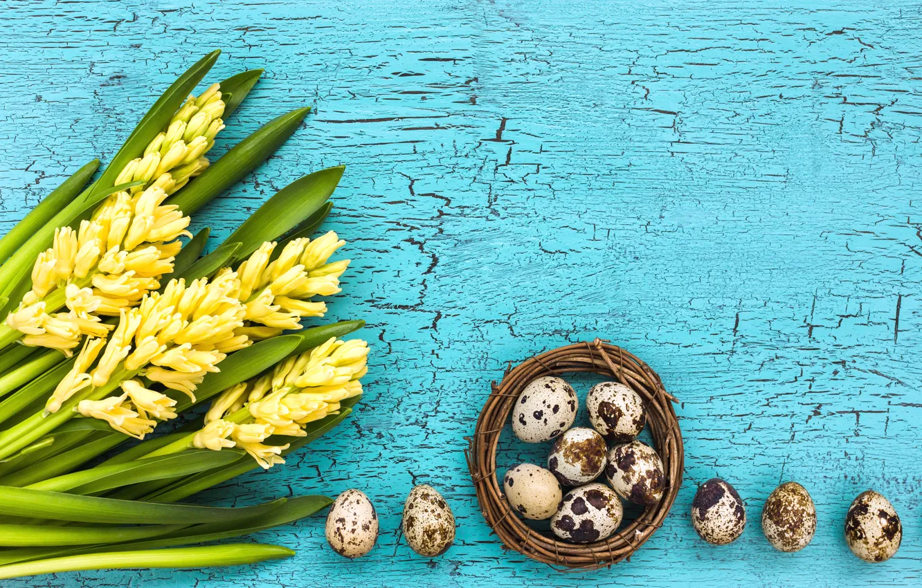 Photo wallpaper flowers, yellow, bouquet, yellow, flowers, Easter, eggs, hyacinths