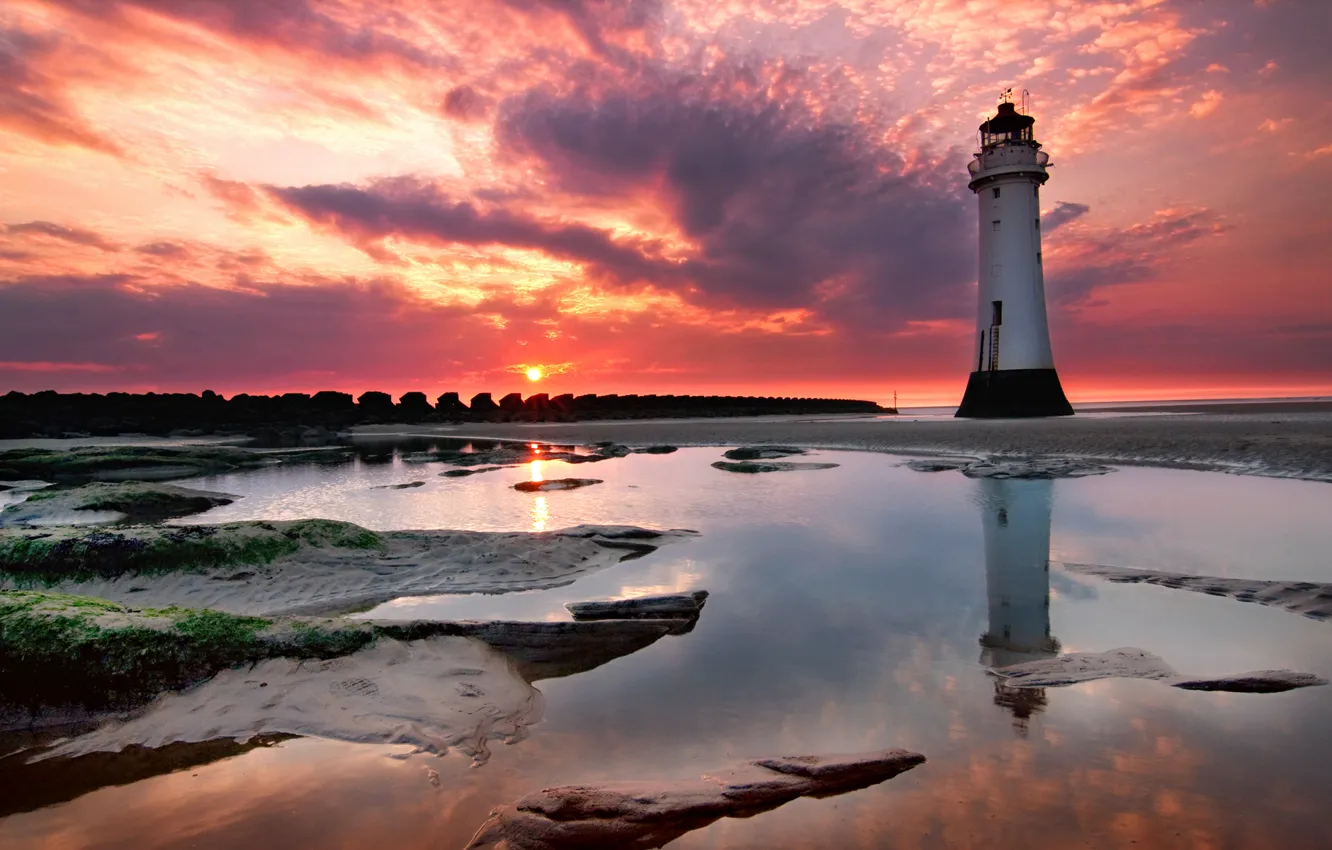 Photo wallpaper sunset, shore, lighthouse