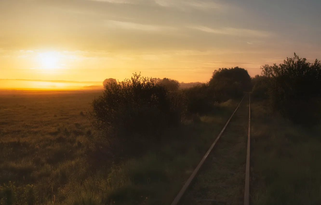 Photo wallpaper sunset, fog, railroad