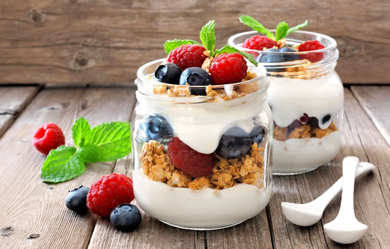 Photo wallpaper berries, raspberry, blueberries, cereal, yogurt, Breakfast
