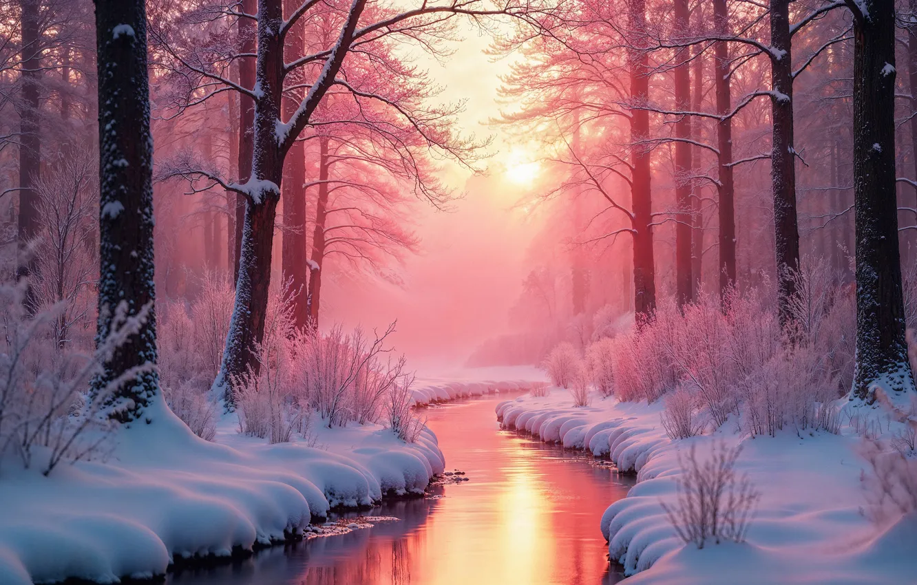 Photo wallpaper winter, forest, snow, trees, nature, river, forest, nature