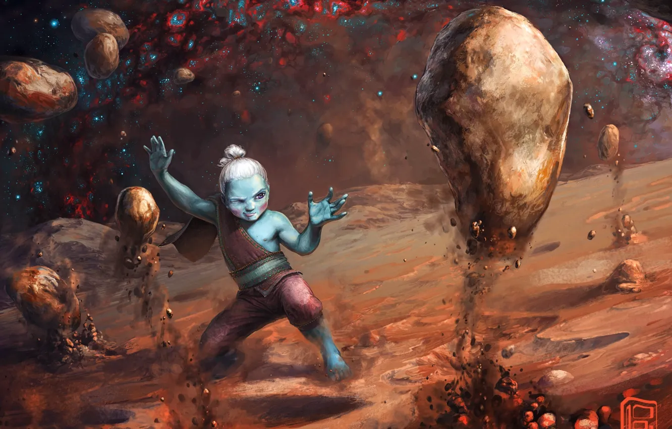 Photo wallpaper stars, surface, stones, planet, boy, art, stones