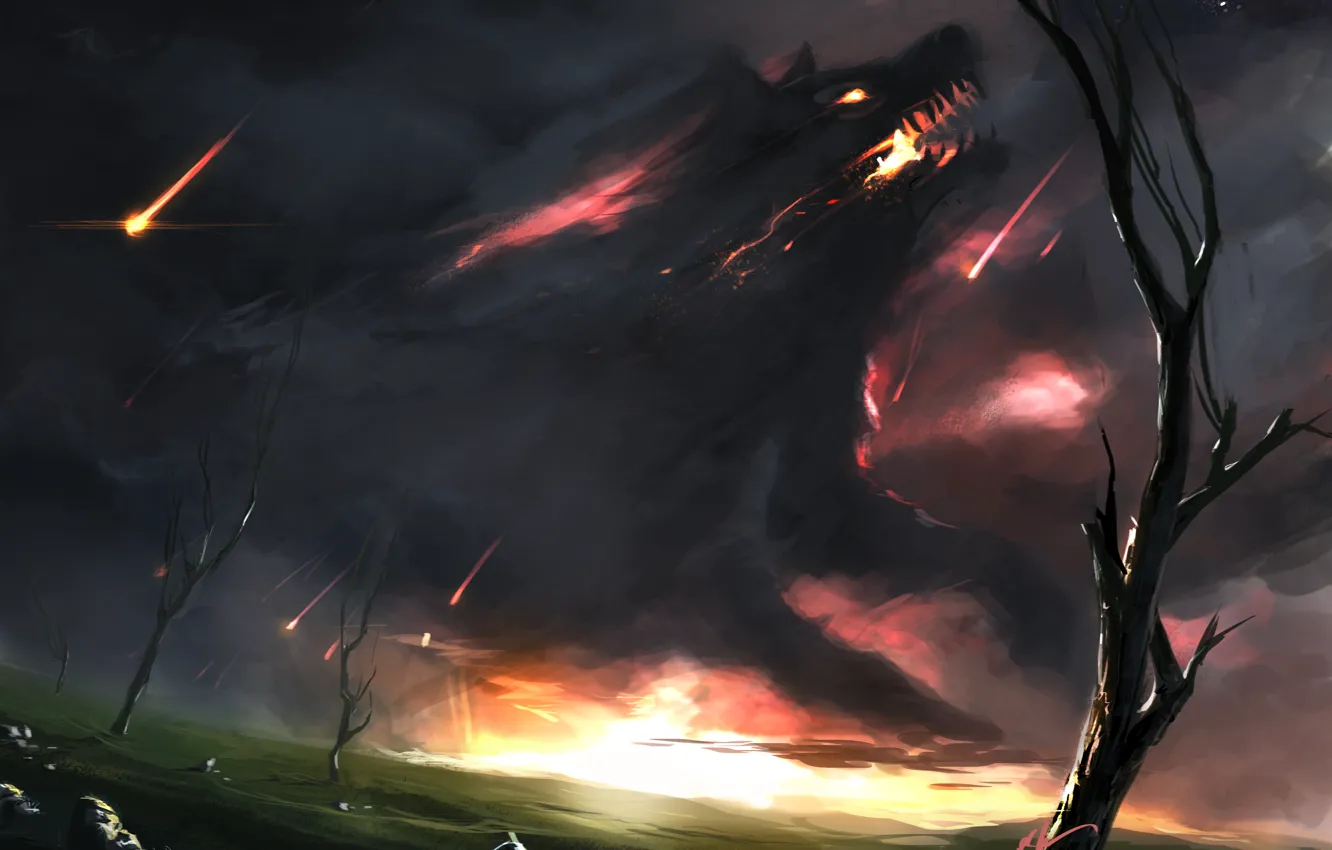 Photo wallpaper lights, darkness, dog, art, running, sparks, giant