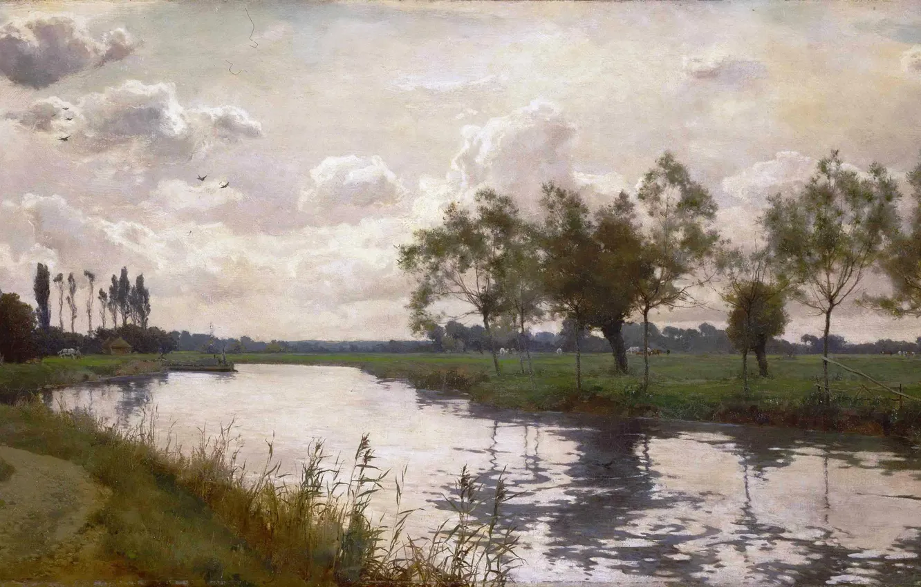 Photo wallpaper field, the sky, trees, landscape, clouds, river, shore, meadow