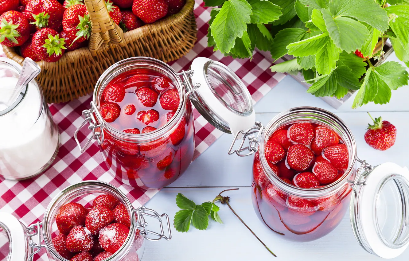 Photo wallpaper strawberry, sugar, leaves, leaves, strawberry, sugar, strawberry jam, strawberry jam