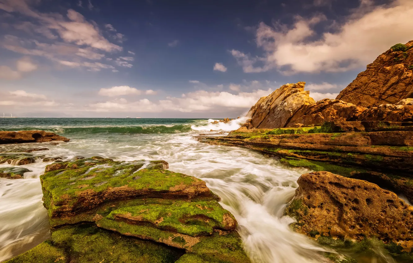 Photo wallpaper sea, clouds, stones, shore, ship, moss, horizon, surf