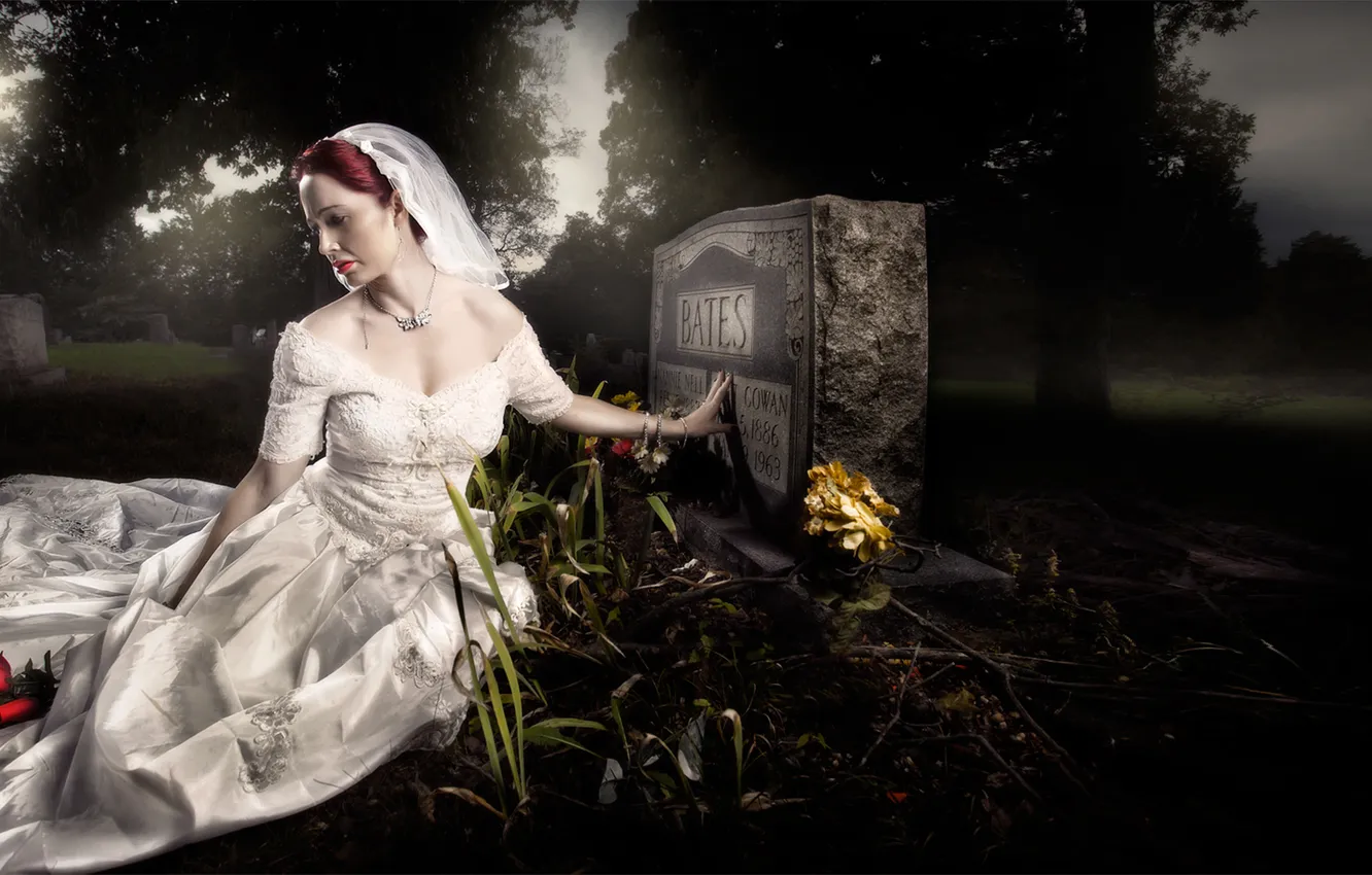 Photo wallpaper girl, grief, grave, tombstone
