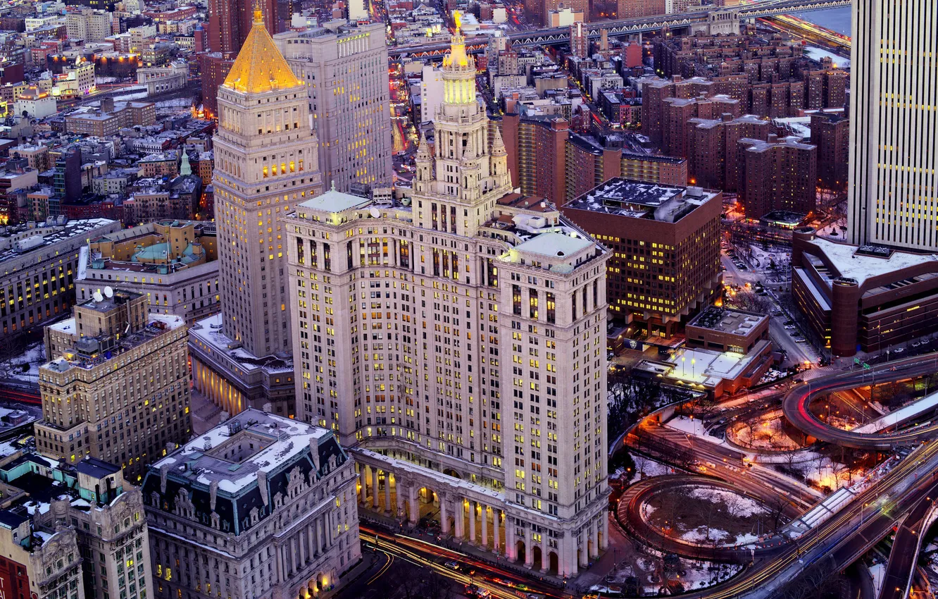 Photo wallpaper roof, snow, home, New York, skyscrapers, USA