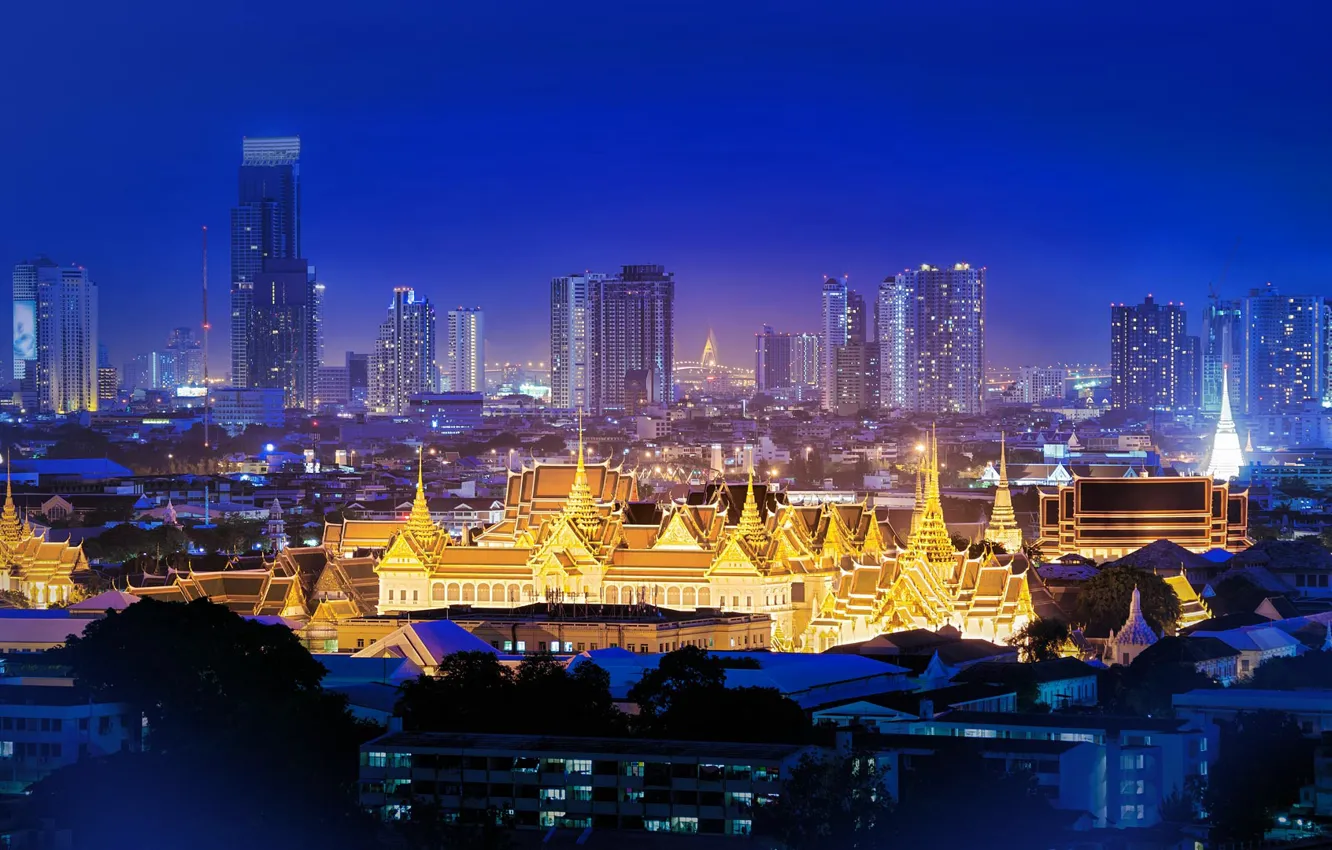 Photo wallpaper night, lights, Thailand, Bangkok, The Grand Palace