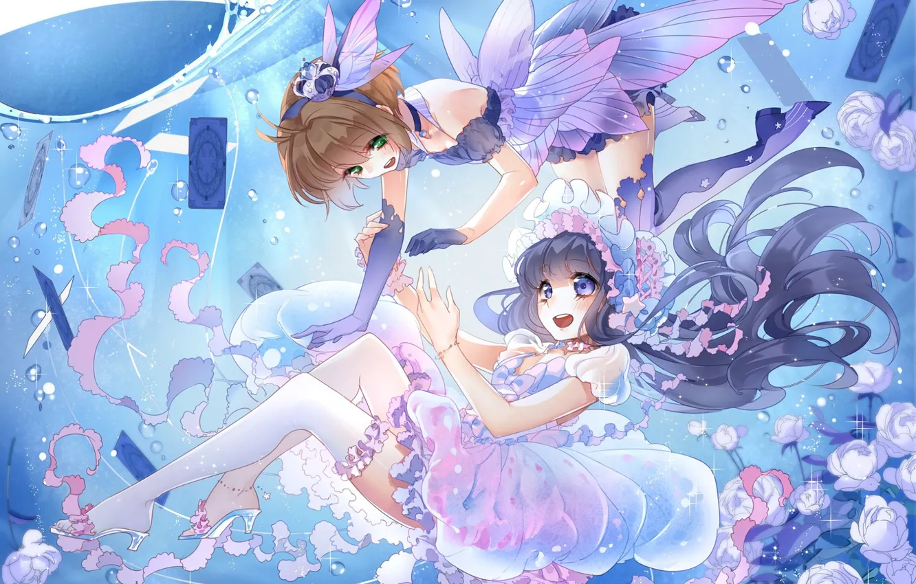 Photo wallpaper water, two, map, stockings, dress, fairy, Lily, wings