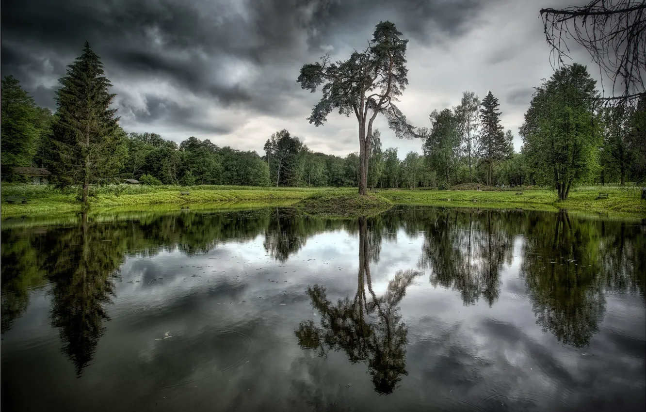 Photo wallpaper trees, clouds, lake, reflection