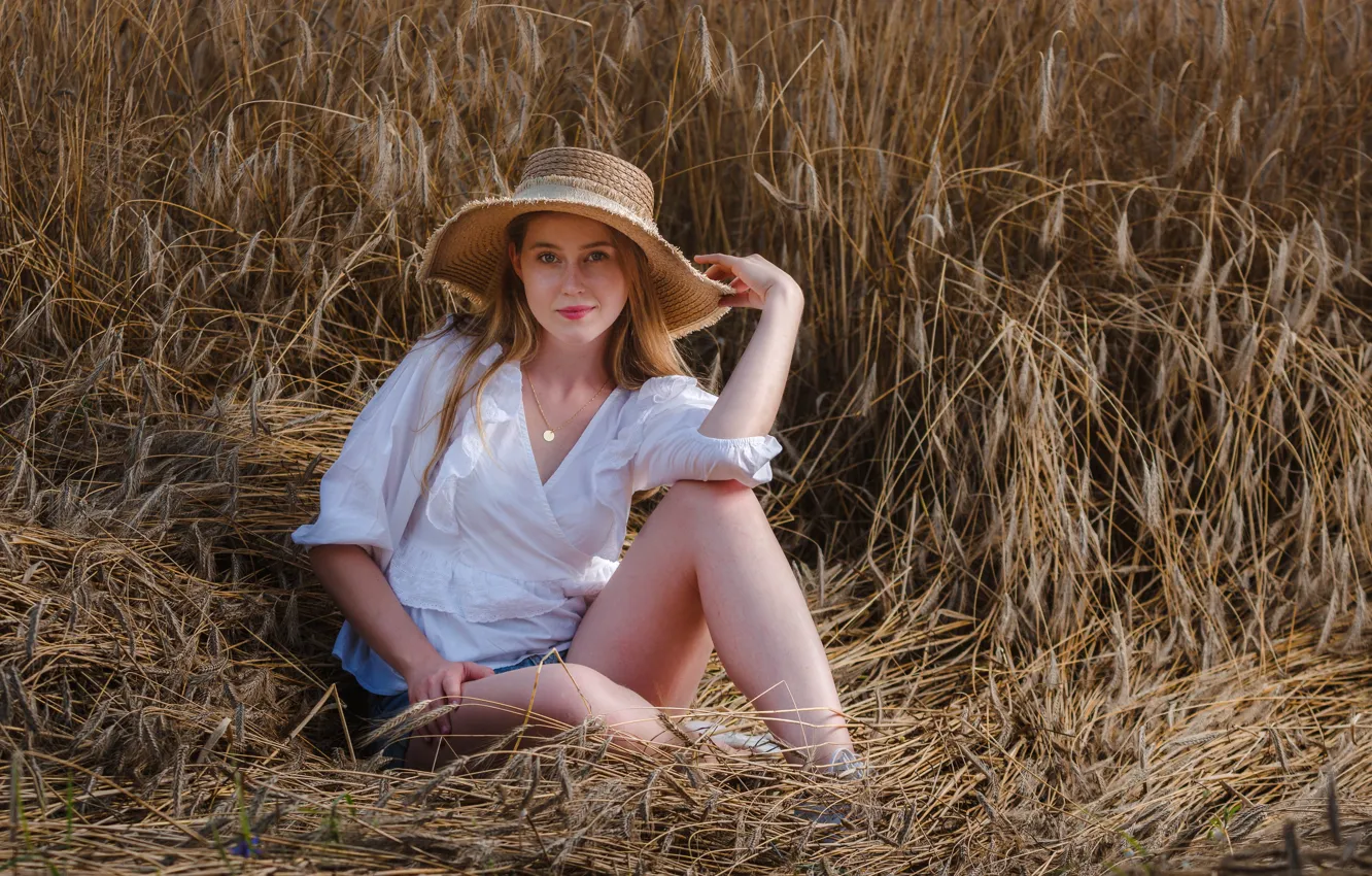 Photo wallpaper field, girl, hat, blouse, ears, Rus, Maciej Werbliński
