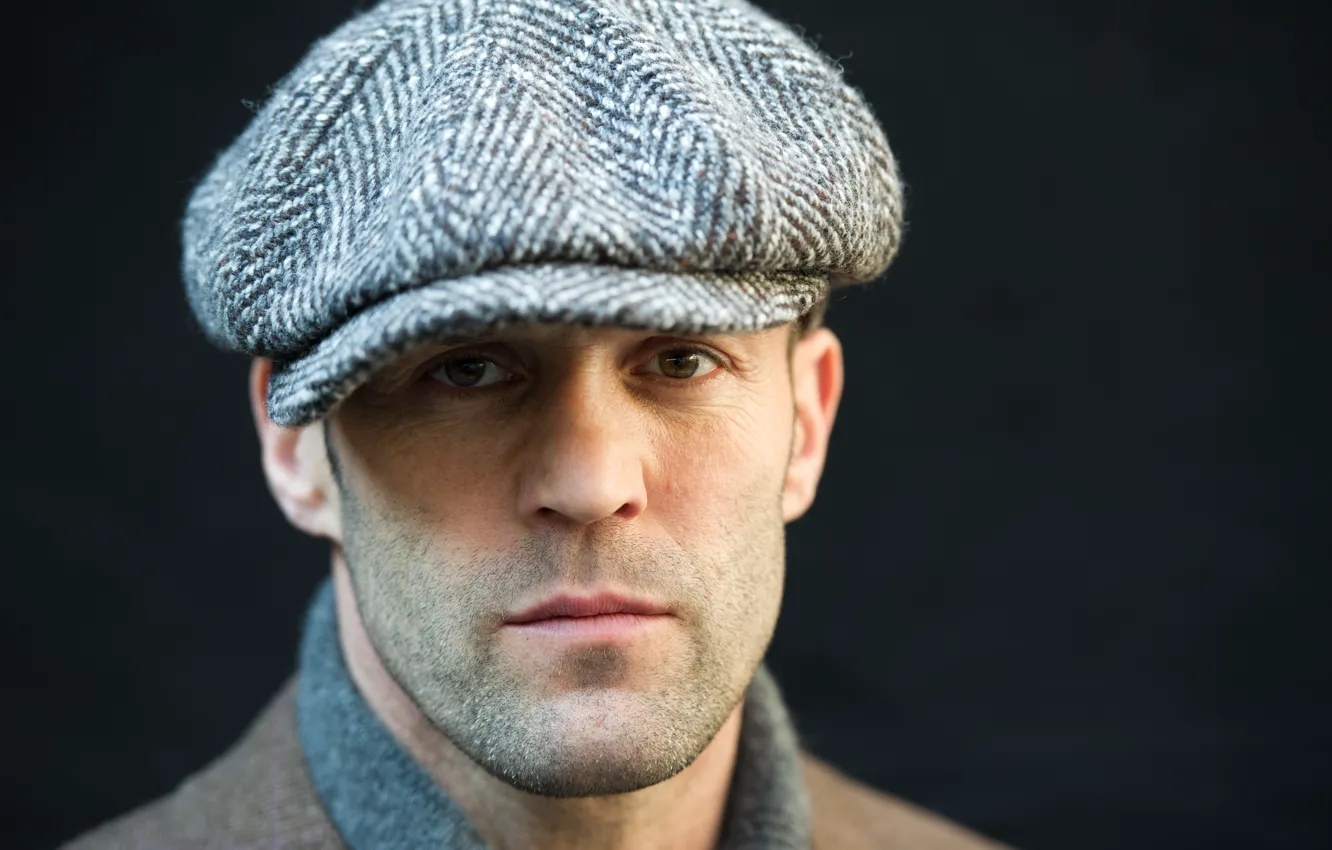 Photo wallpaper face, actor, cap, black background, bokeh, closeup, Jason Statham, Jason Statham