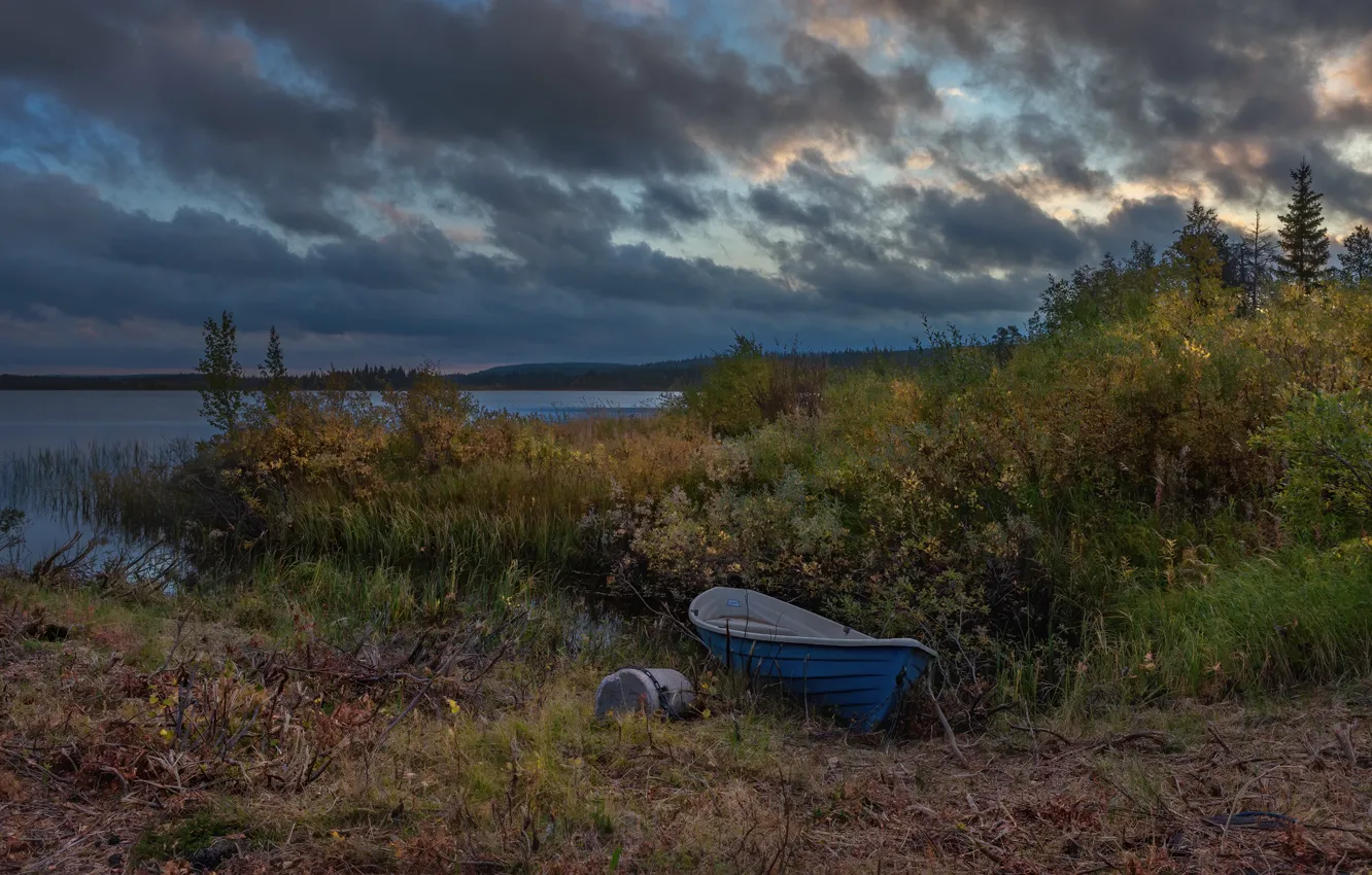 Photo wallpaper grass, clouds, landscape, nature, lake, shore, boat, Finland