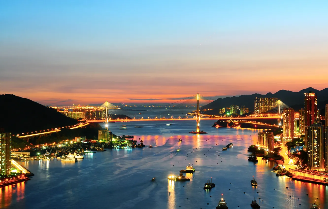 Photo wallpaper sea, the sky, sunset, bridge, the city, lights, Strait, boats