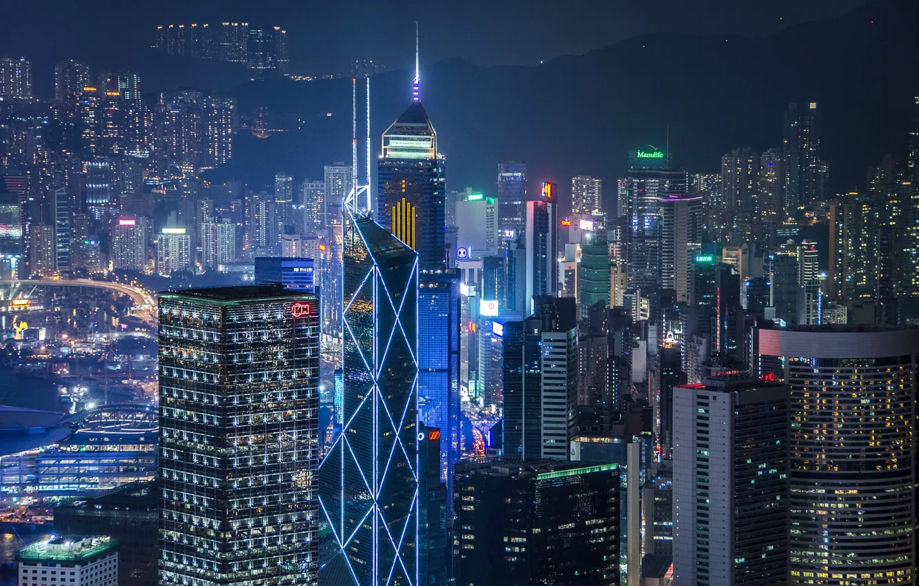 Photo wallpaper mountains, night, the city, lights, building, tower, Hong Kong, skyscrapers