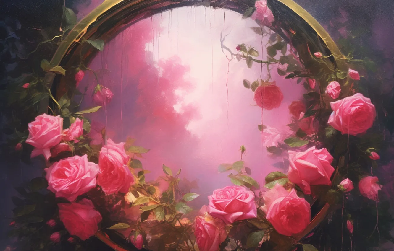 Photo wallpaper circles, flowers, roses, pink, painting, composition, imitation painting, AI art